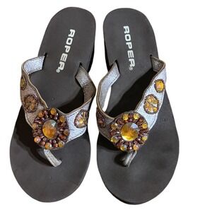 Roper Womens Brown Wedge Flip Flops Silver Embellished Gemstone Sandals High 6.5